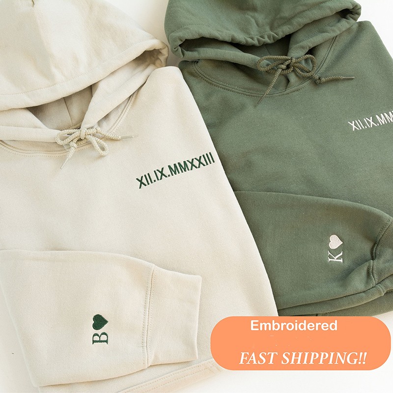 Personalized Embroidered Roman Numeral Hoodie Couples Gift Date Hoodie Initial on Sleeve Engagements 1st Anniversary Gift