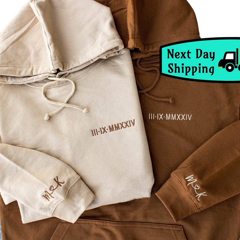 Personalized Embroidered Roman Numeral Hoodie Couples Gift Date Hoodie Initial on Sleeve Engagements 1st Anniversary Gift