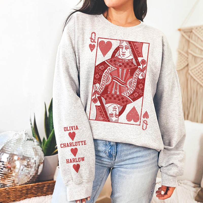 Personalized Queen of Hearts Retro Vintage Sweatshirt  Family Member Name On Sleeve Sweatshirt Valentine's day Gift for Mom