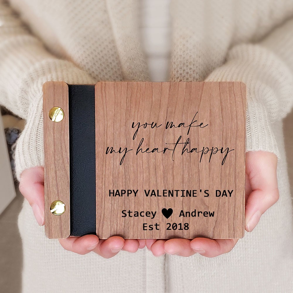 Personalized You Make My Heart Happy Wooden Photo Album Valentine's Day Anniversary Gift