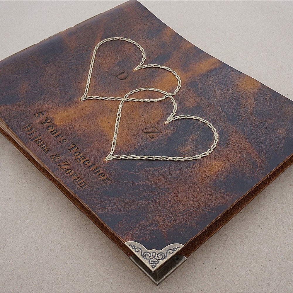 Personalized Vintage Style Genuine Leather Photo Album with Hearts Valentine's Day Anniversary Gift For Couple