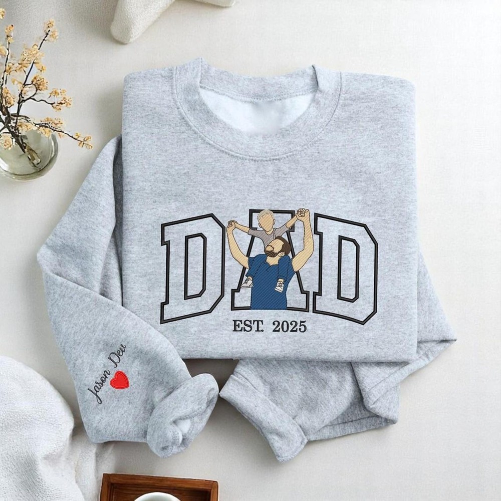 Personalized Embroidered Dad Portrait Hoodie with Kids Name on Sleeve New Dad Drawing Sketch Sweatshirt Fathers Day Gift