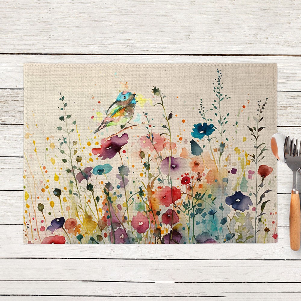 Wipeable Kitchen Placemats Watercolor Floral Tableware Utility Placemat Kitchen Table Decoration Family Party
