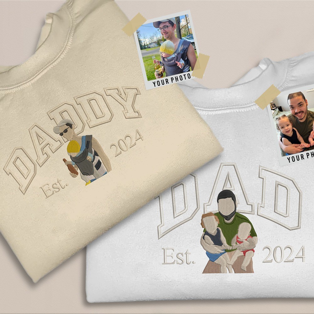 Personalized Embroidered Dad Portrait Hoodie with Kids Name on Sleeve New Dad Drawing Sketch Sweatshirt Fathers Day Gift