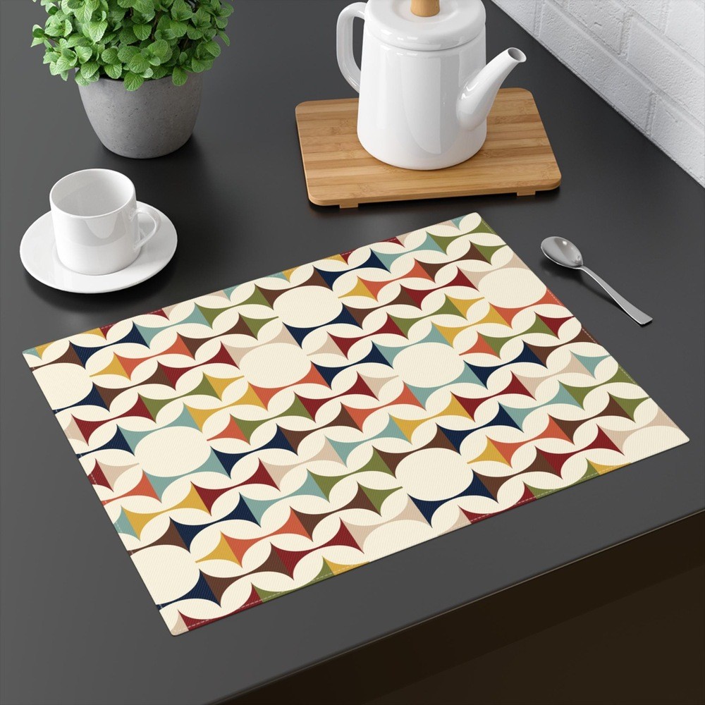 Mid Century Wipeable Kitchen Placemats Modern Retro Geometric Tableware Utility Placemat Cream Teal Mustard Olive Kitchen Table Decoration