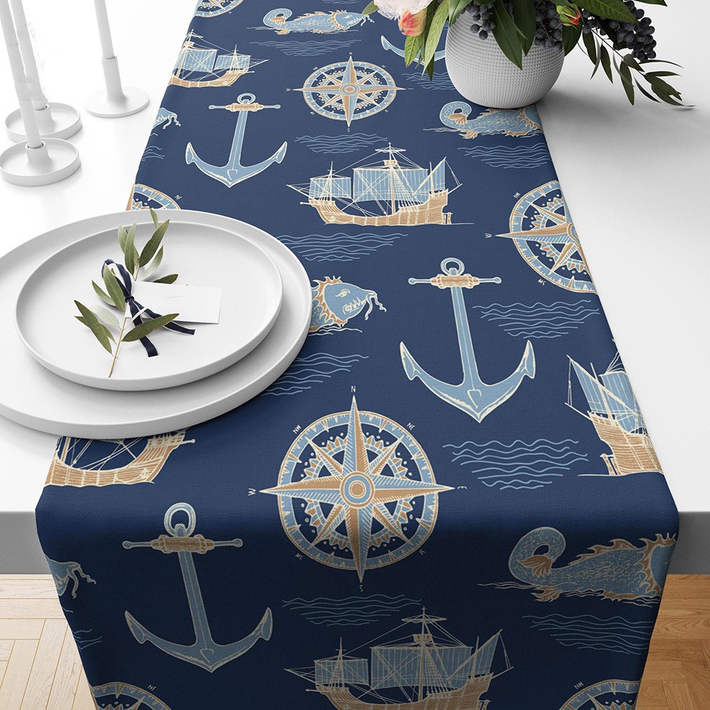 Vintage Nautical Blue Ships Table Runner Marine Decor Table Runner Navy Blue Sailor Table Decoration Beach House Dining Party Decor