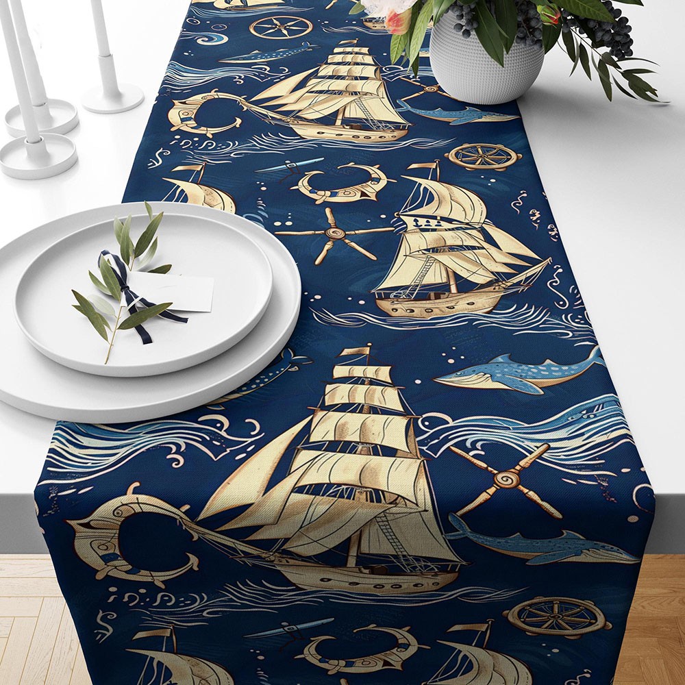Vintage Nautical Blue Ships Table Runner Marine Decor Table Runner Navy Blue Sailor Table Decoration Beach House Dining Party Decor