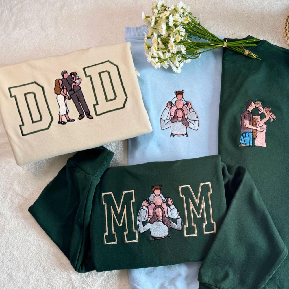 Personalized Embroidered Dad Portrait Hoodie with Kids Name on Sleeve New Dad Drawing Sketch Sweatshirt Fathers Day Gift