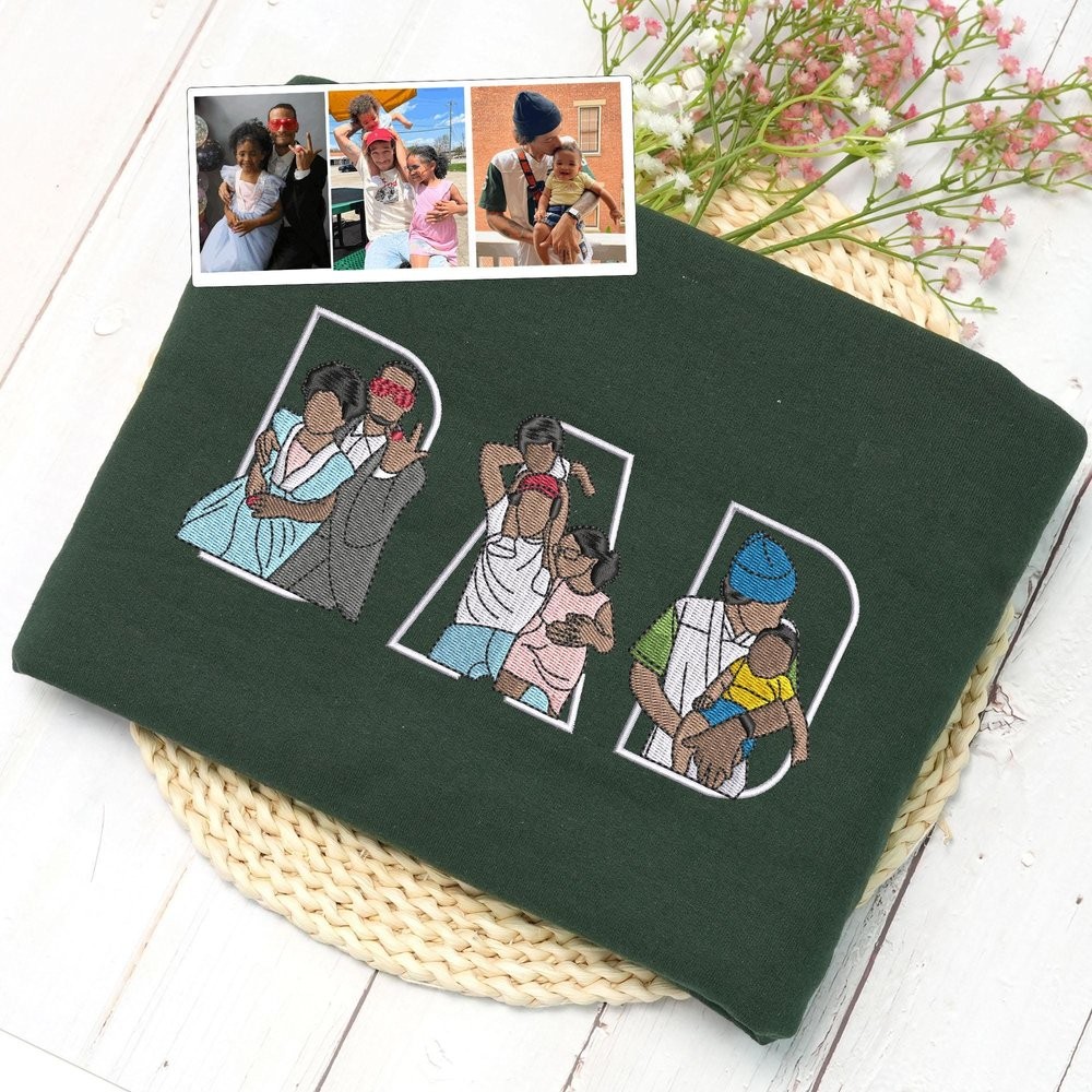 Personalized Embroidered Dad Portrait Hoodie with Kids Name on Sleeve New Dad Fathers Day Gift