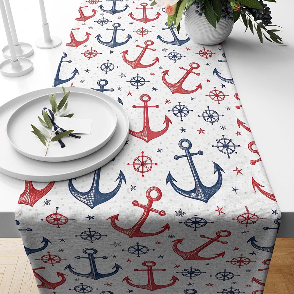 Nautical Anchor Linen Table Runner Coastal Decor Table Runner Navy Blue Anchor Table Decoration Beach House Dining Party Decor