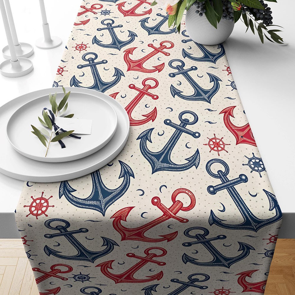 Nautical Anchor Linen Table Runner Coastal Decor Table Runner Navy Blue Anchor Table Decoration Beach House Dining Party Decor