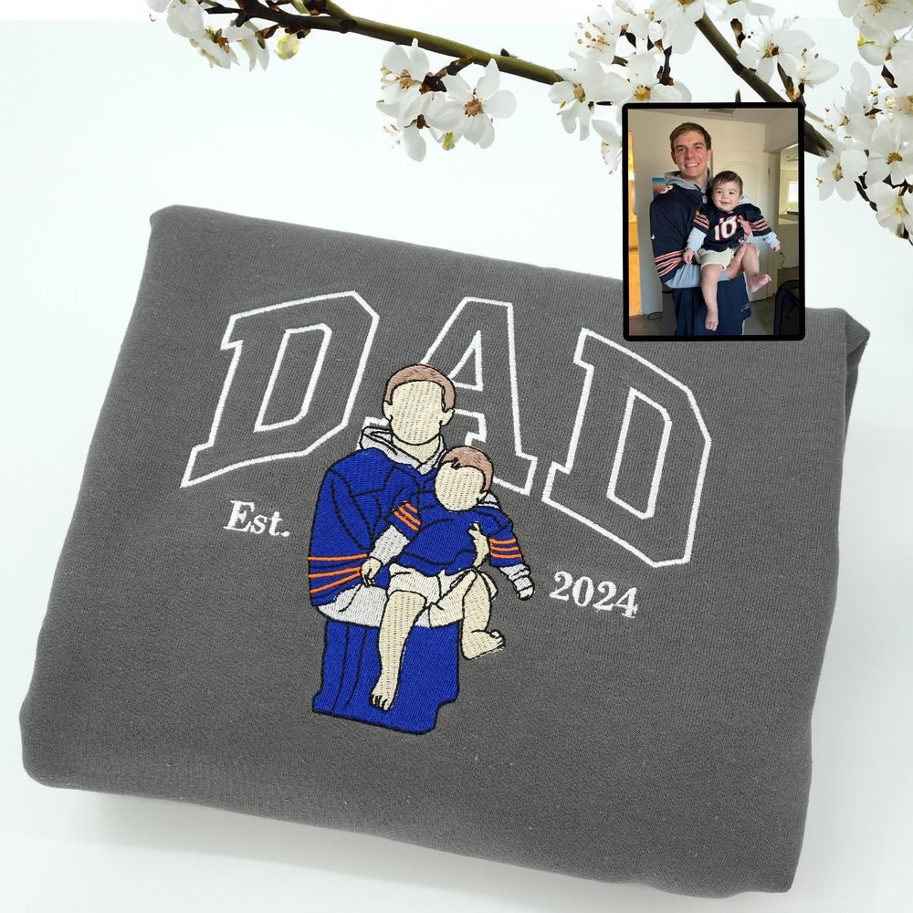 Personalized Embroidered Dad Portrait Hoodie with Kids Name on Sleeve New Dad Drawing Sketch Sweatshirt Fathers Day Gift