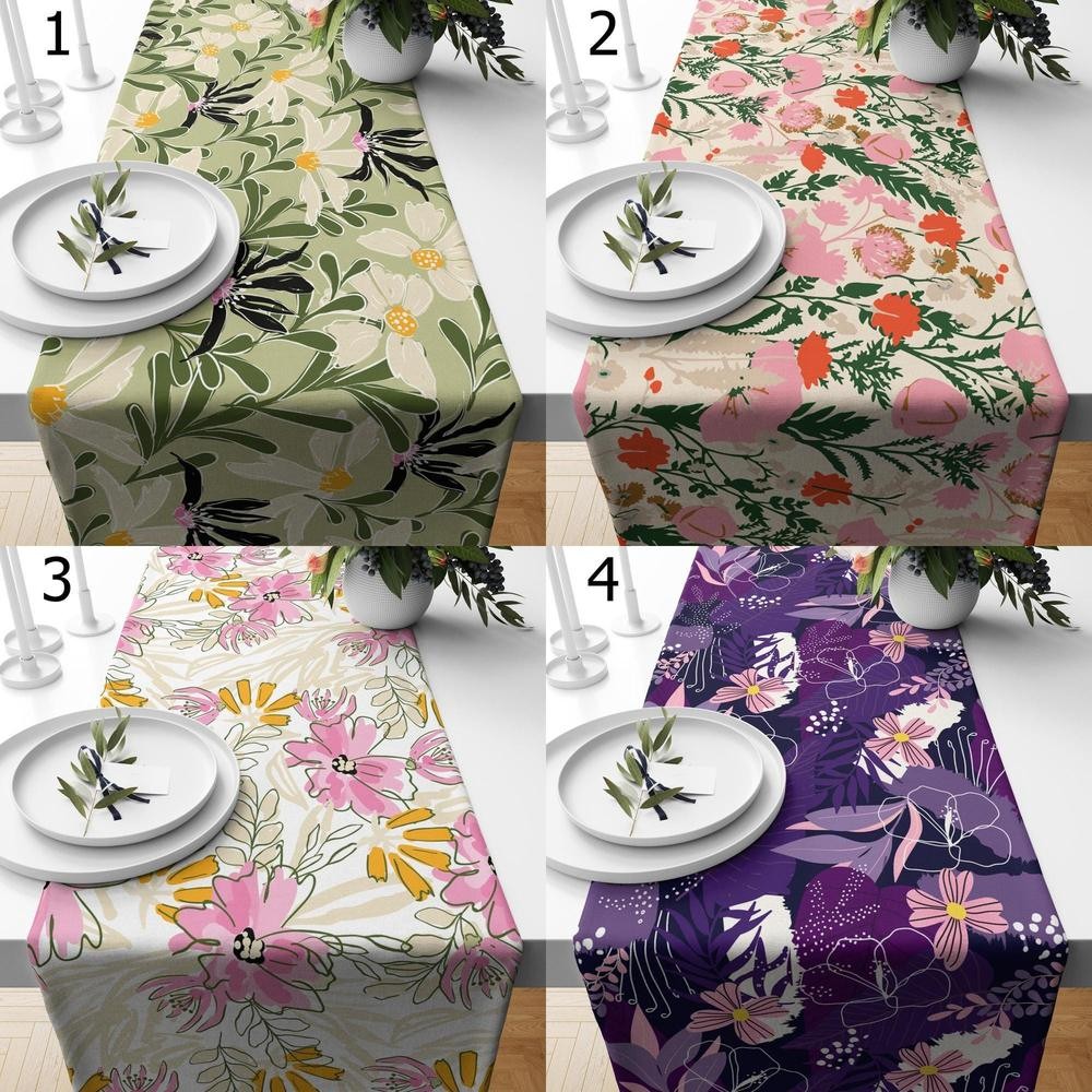 Floral Coffee Table Runner Colorful Flowers Table Runner Spring Wildflowers Table Decoration Family Party Decor