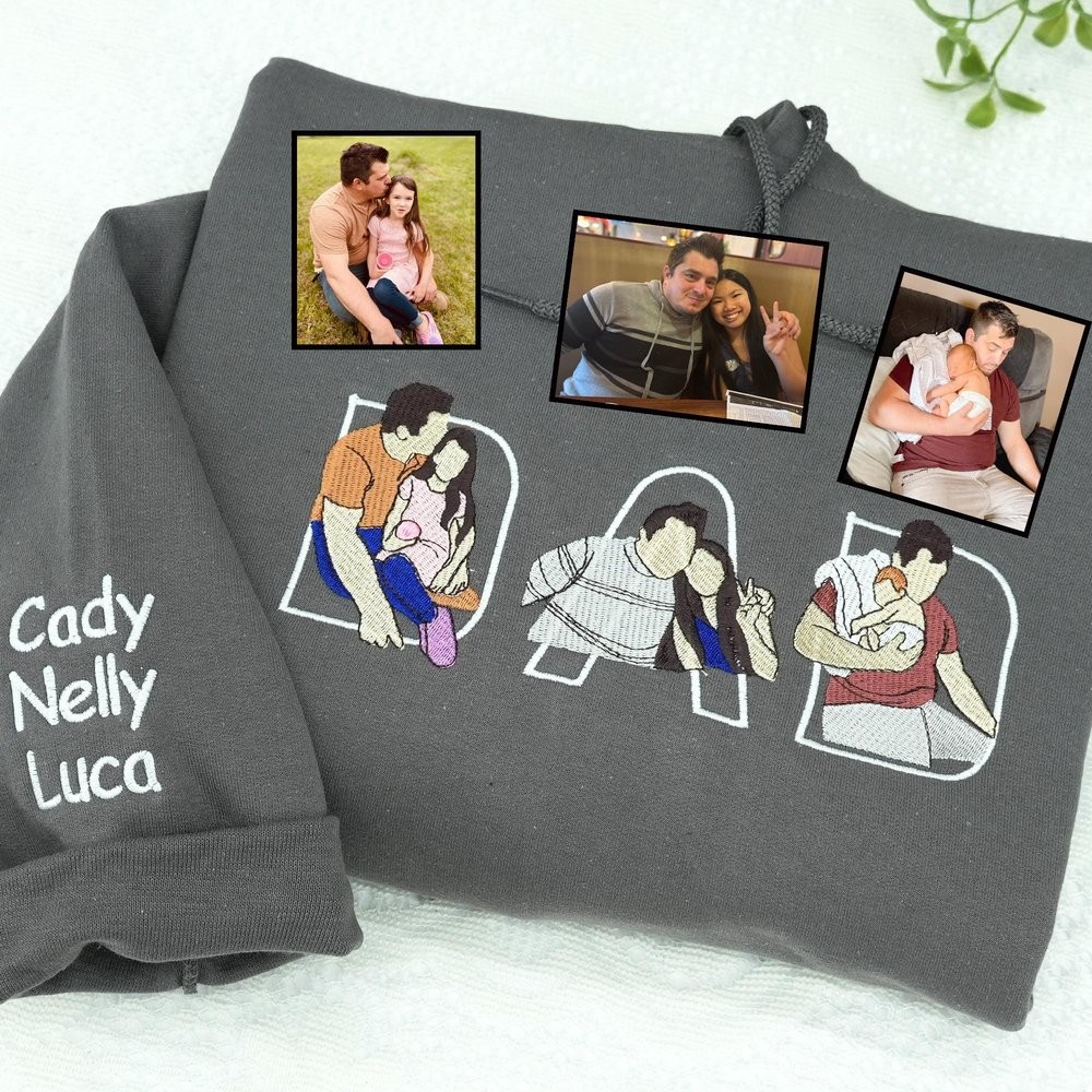 Personalized Embroidered Dad Portrait Hoodie with Kids Name on Sleeve New Dad Memory Time Sweatshirt Fathers Day Gift