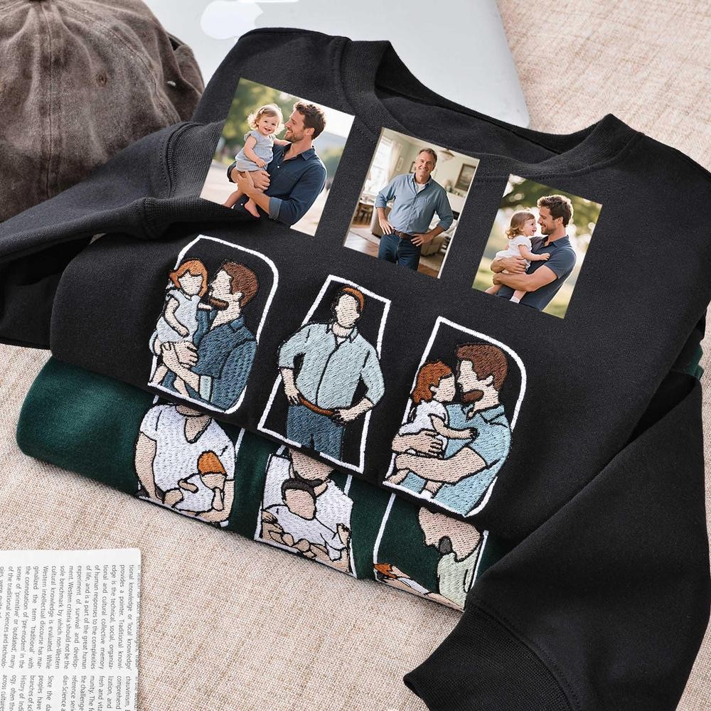 Personalized Embroidered Dad Portrait Hoodie with Kids Name on Sleeve New Dad Memory Time Sweatshirt Fathers Day Gift
