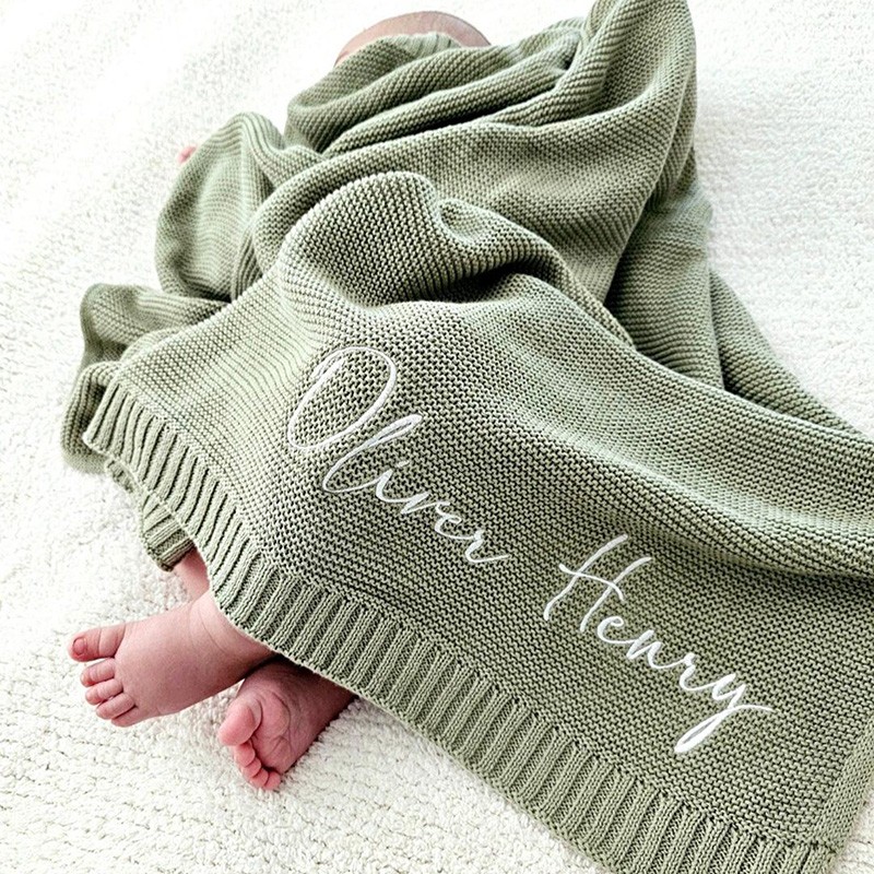 Personalized Baby Name Stroller Blanket Newborn Gift Soft Breathable Cotton Knit Blanket