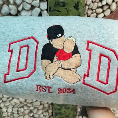 Personalized Embroidered Dad Portrait Hoodie with Kids Name on Sleeve New Dad Drawing Sketch Sweatshirt 1st Fathers Day Ideas