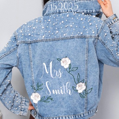 Personalized Embroidered Bride Denim Jacket with Rose Blue Future Mrs Jean Jacket Pearl Jacket for Bridal Shower Gifts