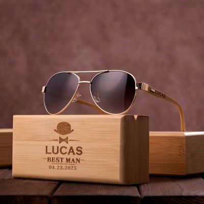 Personalized  Aviator Sunglasses with Wooden Box Groomsmen Engraved Sunglasses Bachelor Party Gift Best Man Proposal