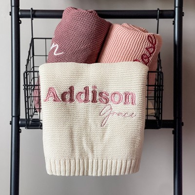 Personalized Embroidered Knitted Baby Name Blanket baby shower Gift