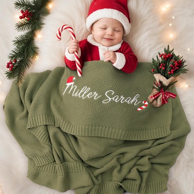 Personalized Christmas Knit  Blanket with Embroidered Name Blanket baby shower Gift