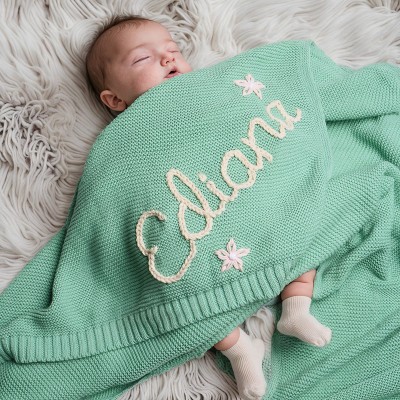 Custom Hand Embroidered Knit Baby Blanket With Name Baby Shower Gift Housewarming Gifts