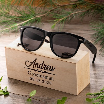 Personalized Groomsmen Engraved Ebony Wood Sunglasses with Wooden Box Bachelor Party Gift Best Man Proposal