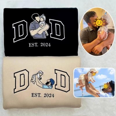 Personalized Embroidered Dad Portrait Hoodie with Kids Name on Sleeve New Dad Drawing Sketch Sweatshirt 1st Fathers Day Ideas