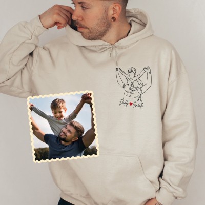 Personalized Embroidered Portrait Best Dad Hoodie with Kids Name on Sleeve New Dad Drawing Sweatshirt Fathers Day Gift