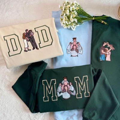 Personalized Embroidered Dad Portrait Hoodie with Kids Name on Sleeve New Dad Drawing Sketch Sweatshirt Fathers Day Gift