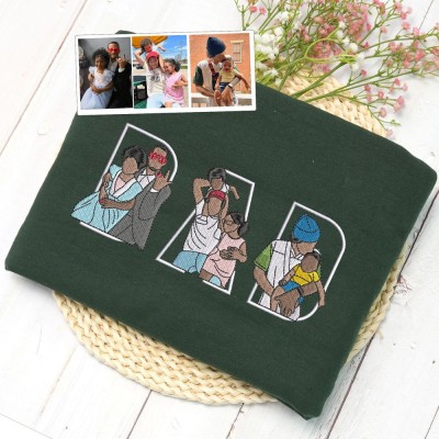 Personalized Embroidered Dad Portrait Hoodie with Kids Name on Sleeve New Dad Fathers Day Gift