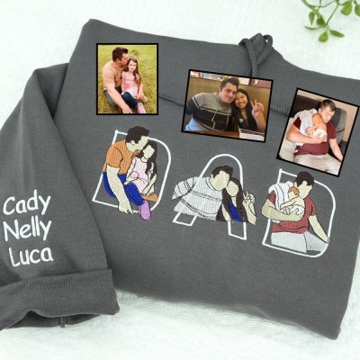 Personalized Embroidered Dad Portrait Hoodie with Kids Name on Sleeve New Dad Memory Time Sweatshirt Fathers Day Gift