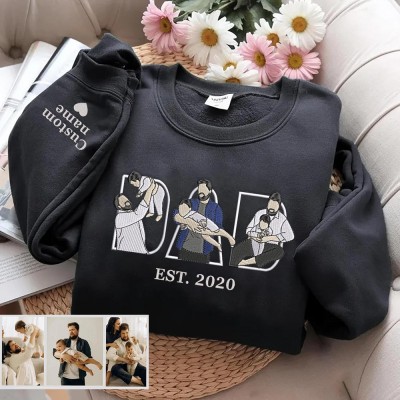 Personalized Embroidered Dad Portrait Hoodie with Kids Name on Sleeve New Dad Memory Time Sweatshirt Fathers Day Gift