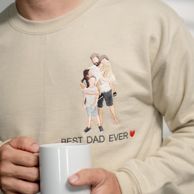 Personalized Embroidered Portrait Best Dad Hoodie with Kids Name on Sleeve New Dad Drawing Sweatshirt Fathers Day Gift