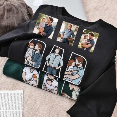 Personalized Embroidered Dad Portrait Hoodie with Kids Name on Sleeve New Dad Memory Time Sweatshirt Fathers Day Gift