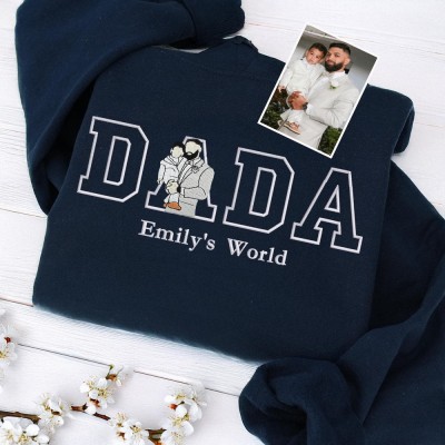 Personalized Embroidered Dad Portrait Hoodie with Kids Name on Sleeve New Dad Drawing Sketch Sweatshirt Meaningful Father's Day Gift