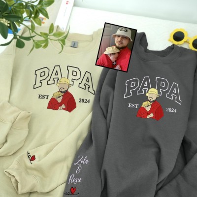 Personalized Embroidered Dad Portrait Hoodie with Kids Name on Sleeve New Dad Drawing Sketch Sweatshirt Fathers Day Gift