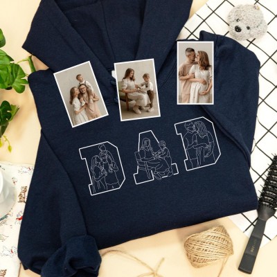 Personalized Embroidered Dad Portrait Hoodie with Kids Name on Sleeve New Dad Memory Time Sweatshirt Fathers Day Gift