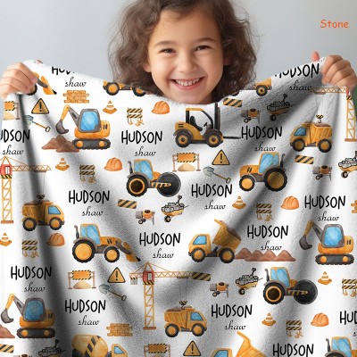 Custom Construction Truck Baby Name Blanket Baby Boy Nursery Decor Dump Truck Tractor Excavator Theme Blanket Christmas Gift