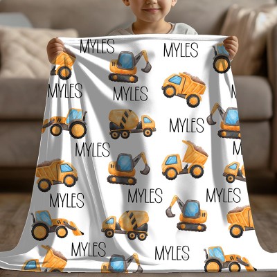 Personalized Kids Heavy Equipment Throw Custom Name Boys Bedding Construction Blanket for Boys